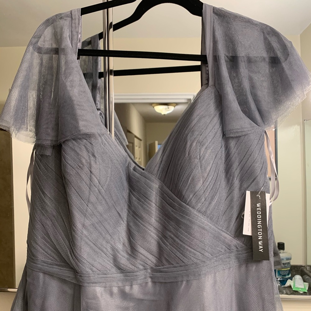 Adrianna Papell grey bridesmaids gown